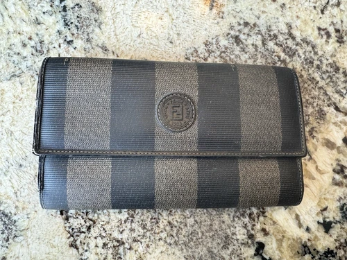 Portafoglio lungo Fendi pelle e tela rivestita con motivo a righe pinguino vintage