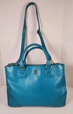 Tory Burch Robinson Triple-Compartment Tote Bag Saffiano Leather Peacock Blue