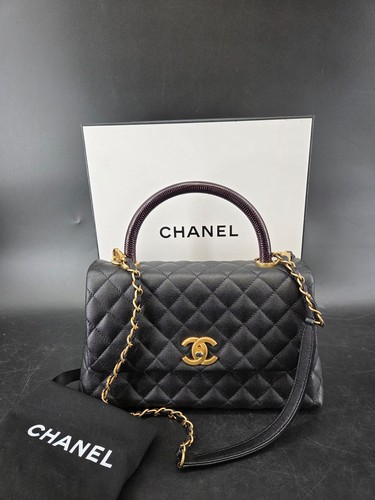 Chanel Coco Handle Flap Black Caviar Lizard Embossed Gold Hardware Bag