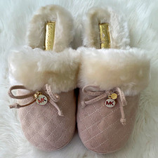 Michael Kors Women s Suede Quilted Faux Fur Lined Slip-On Slippers Beige 8