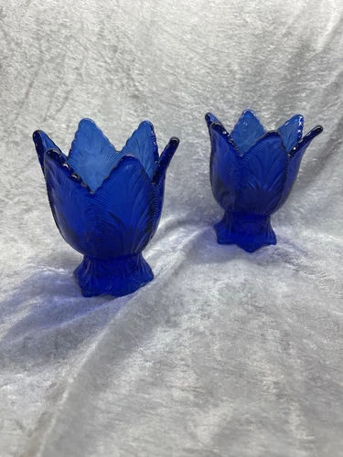 Vtg Fenton Tulip Candle Holder Cobalt Blue 2-Way Votive Candle Stick 4" Pair
