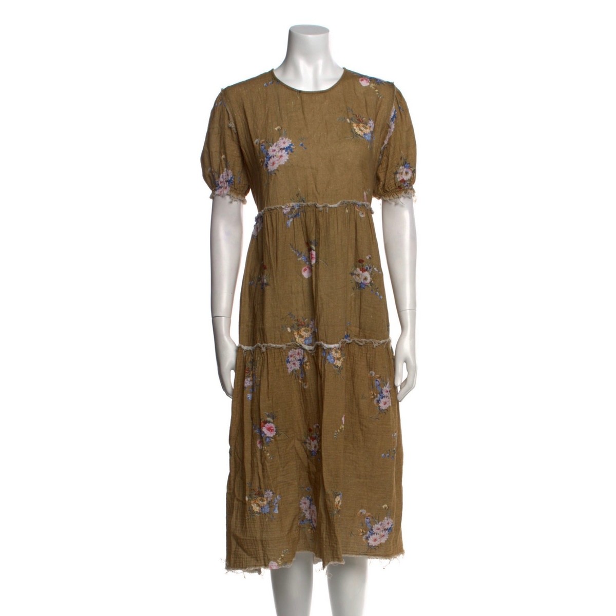 R13 Distressed Floral Tiered Midi Dress Olive Green Cotton Gauze Raw Hem Sz  L | eBay