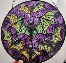 Bats Purple Black Stained Glass Window Hanging Suncatcher Halloween Decoration