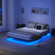 Full Size Floating Bed Frame with LED Lights & Charging Station, Easy Assembly