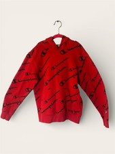 Champion Hoodie Youth Medium All Over Black Logo Red Pullover Sweatshirt