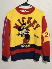 VTG 80s Mickey Mouse Baseball 28 Yellow Red Knit Sweater Disney Vintage Youth M