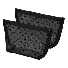 2 Pcs Cute Mesh Makeup Bag, Mesh Cosmetic Bag Triangle Heart Printed, Black