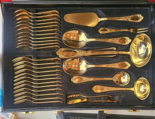 Juego de cubiertos vintage SBS Bestecke Solingen - Chapado en oro de 23/24 kt - Servicio para 12 - Imagen 2 de 5