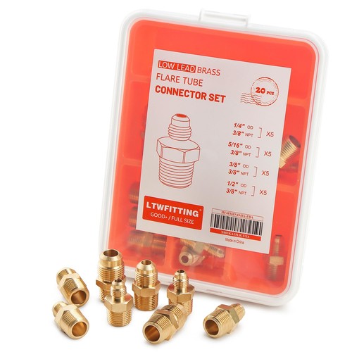 20 PCS Brass Flare Connector Tube OD 1/4 5/16 3/8 1/2 x 3/8 Inch Male NPT Set