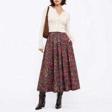 Vintage Handmade Paisley Midi Skirt Red Teal Pleated Boho Full Length Pocket