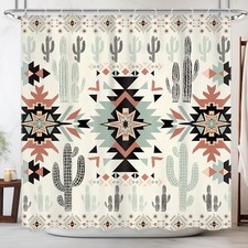 Western Aztec Cactus Shower Curtain 72"W x 72"L Pack of 1 A-01green Black