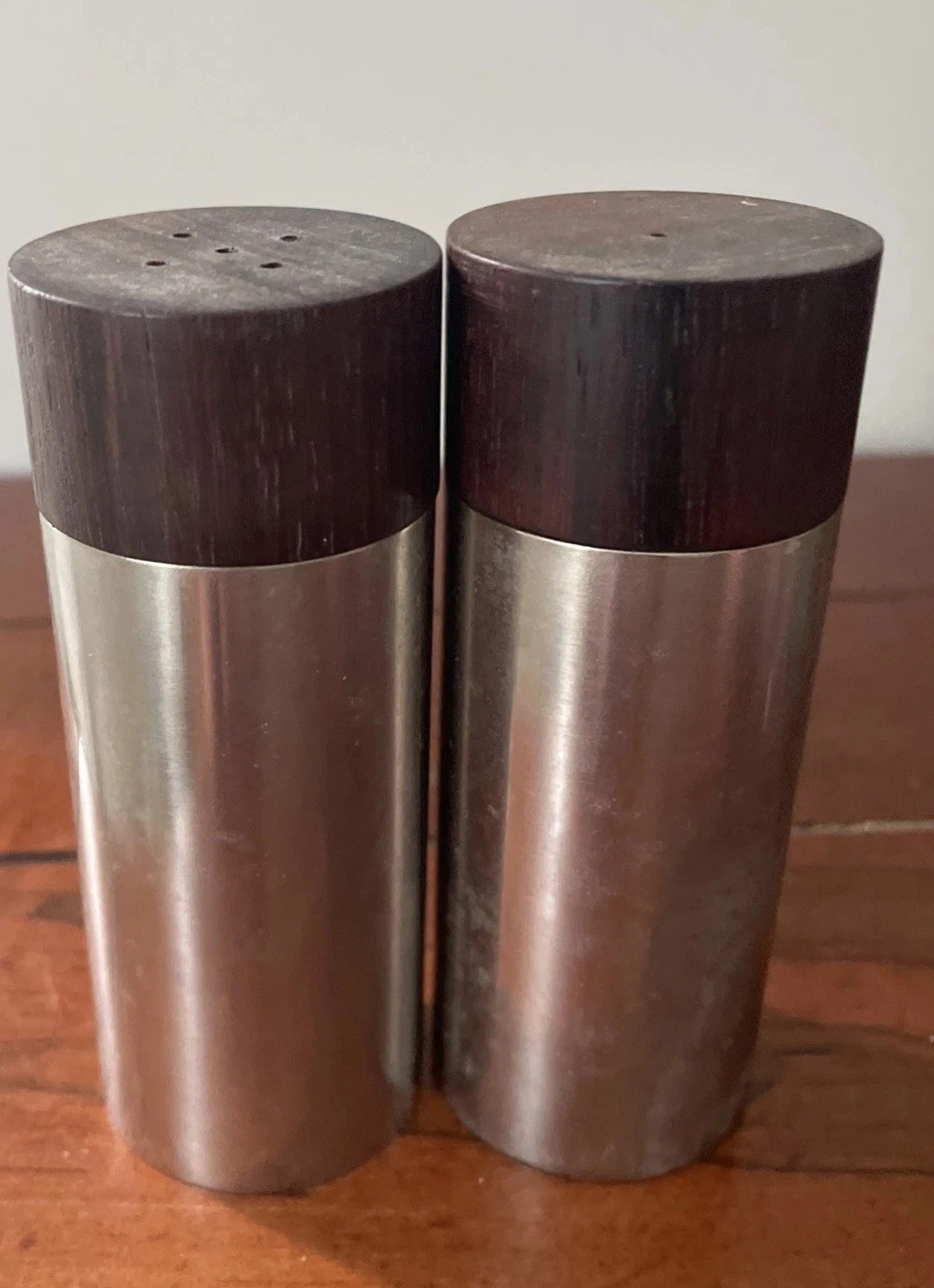 Vintage Danish MCM Salt & Pepper Shakers Teak Wood Stainless Steel with box