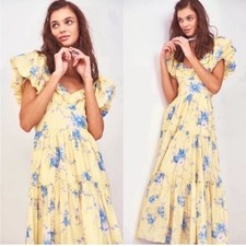 LoveShackFancy Dress Emory Midi in Yellow Blue Floral