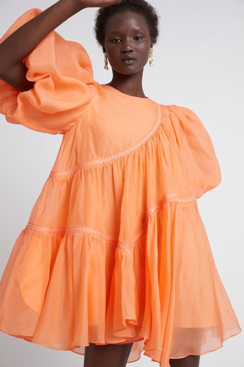 Aje Riviera Asymmetric Braided Puff Sleeve Smock Dress Mandarin Orange Size 6 image 6
