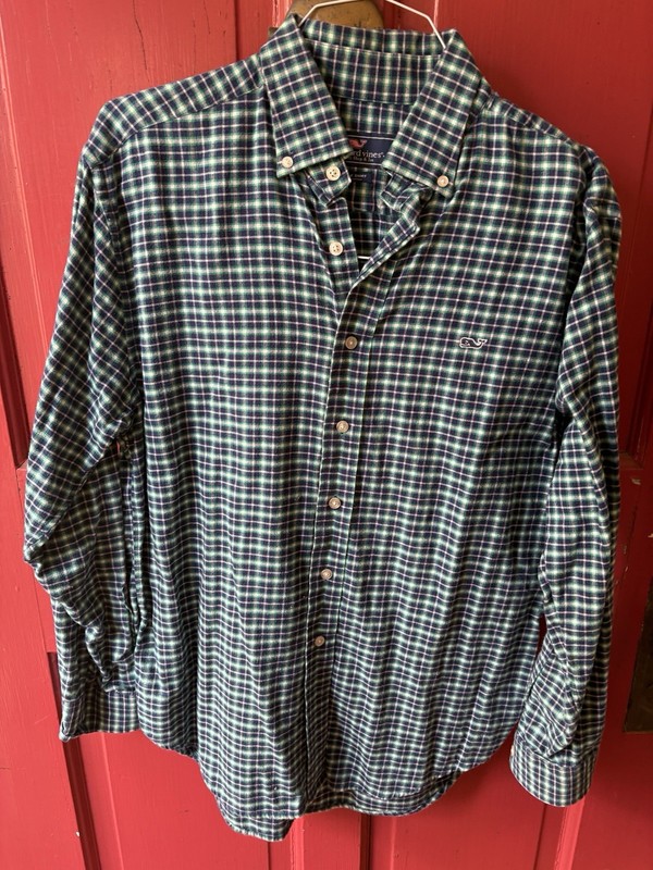 Vineyard Vines Mens M Medium Whale Shirt, Blue/Green Plaid Button   thin flannel