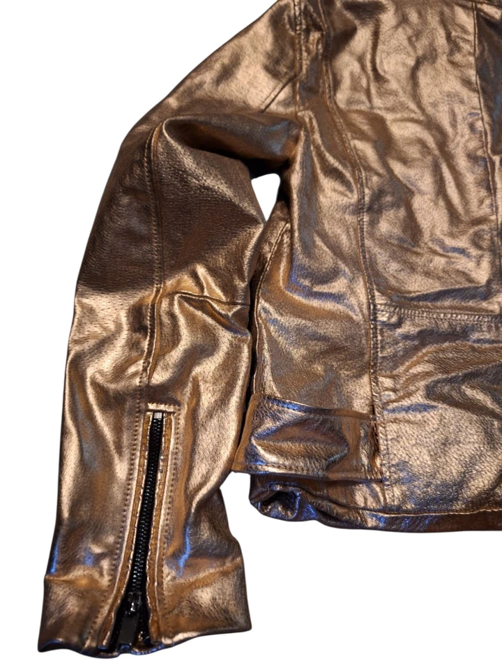 ZARA METALLIC ROSE GOLD LEATHER MOTO JACKET SIZE MEDIUM  - Image 3 of 4