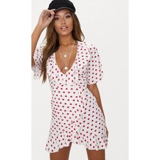 Pretty Little Thing White Heart Print Frill Detail Wrap Tea Dress Women Size 6
