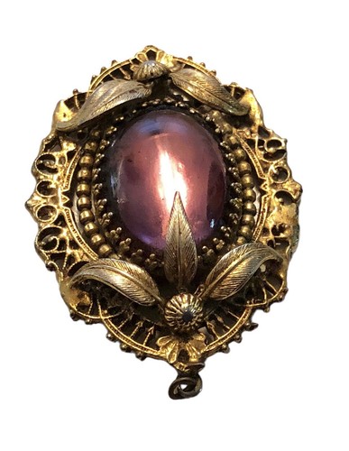 Art Nouveau Purple Czech Glass Filigree Gold Tone Leaf Pendant - Picture 3 of 7