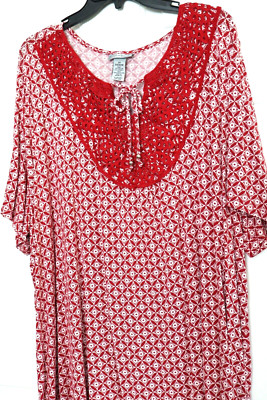 CATHERINES Size 2X 22/24X Red/White Tunic Top Crochet Neckline S. Sleeve Stretch