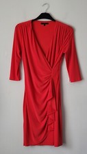 COAST Ruffle Midi Dress Coral/Red Ruched Stretch Size Uk 10 Vgc