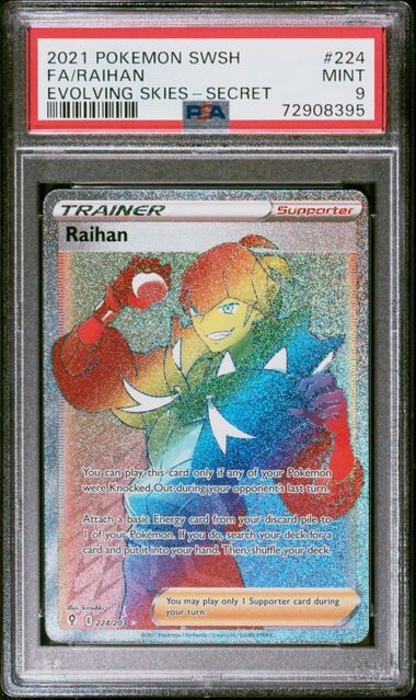 PSA 9 Raihan 224/203 Rainbow Secret Rare Evolving Skies PSA 9 Raihan 224/203 Rainbow Secret Rare Evolving Skies