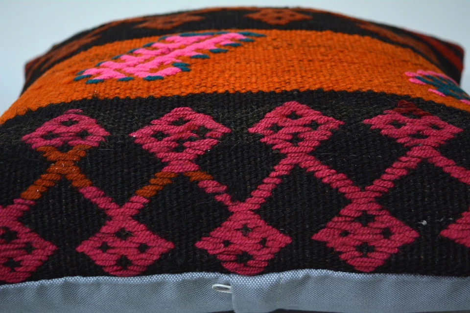 Traditional Hand Knotted Kilim Pillow, 16x16in, Antique Multicolor Retro Pillow - Image 4 of 4