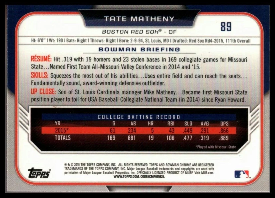 2015 BOWMAN CHROME DRAFT #89 TATE MATHENY BOSTON RED SOX - Image 2 of 2