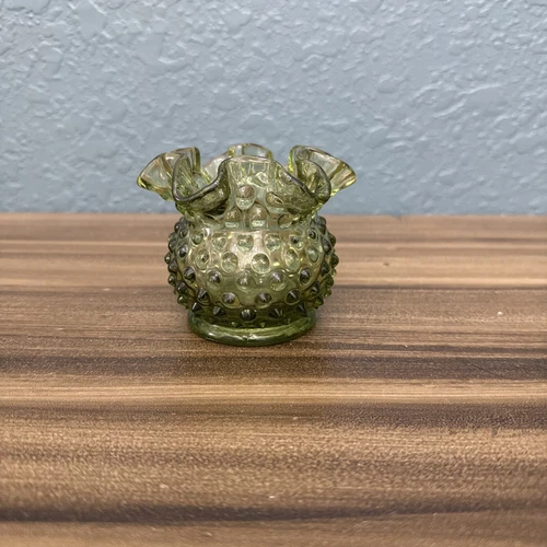 Vintage Fenton Green Ruffled Hobnail Glass Vase Rose Bowl 3”