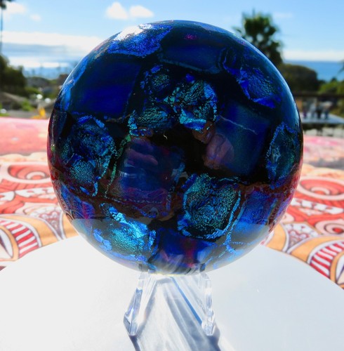 Art Glass Studio DOME Dichroic Sculpture Paperweight + Stand Fused Mad Signed - Picture 2 of 3