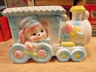 Vintage Baby Nursery Choo Choo Train Pink Poodle Ceramic Planter Mid Century MCM