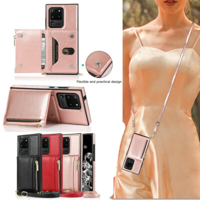 Crossbody zipper Bag Card Wallet With Long Rope Holder Flip Leather Case Cover 