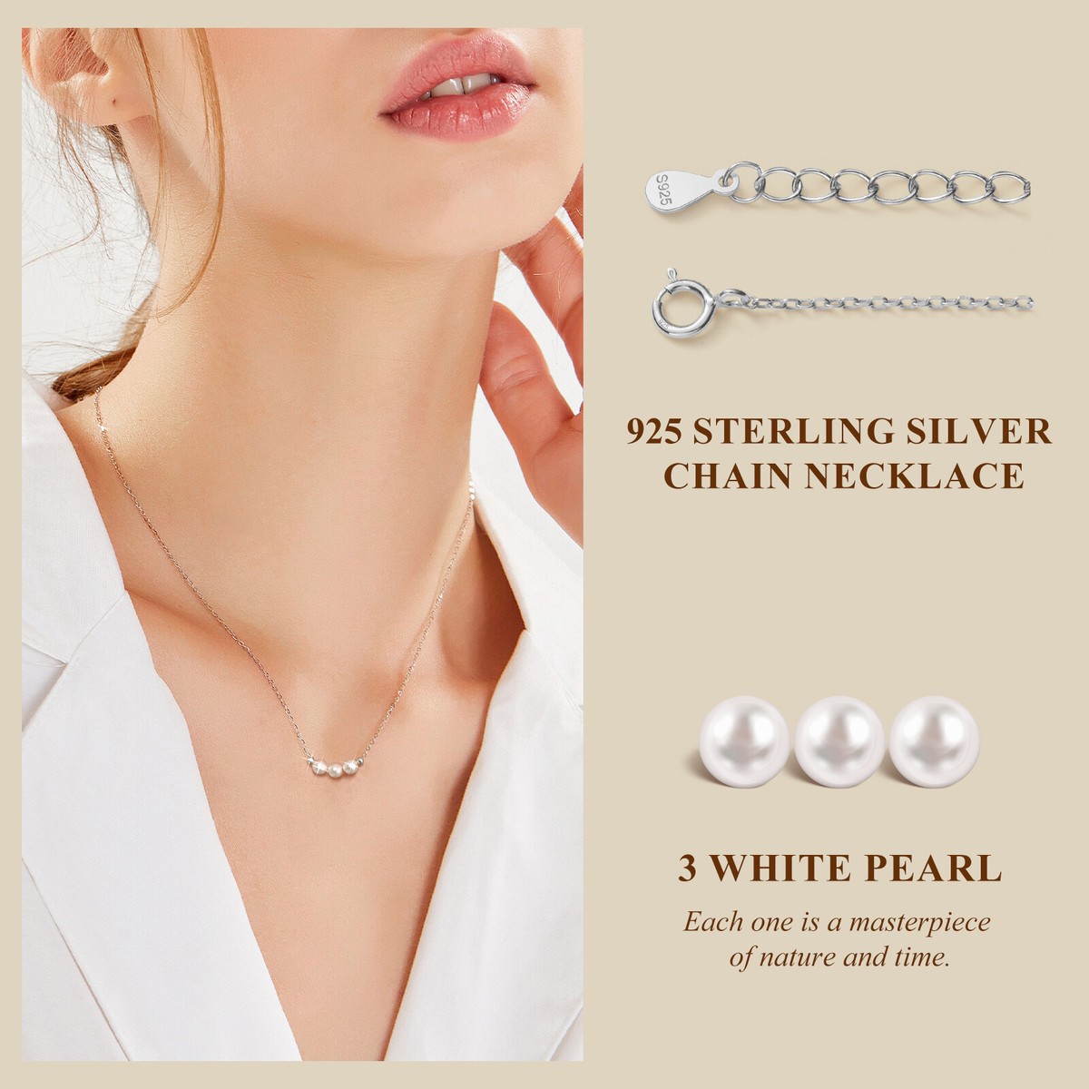 S925 Sterling Silver Chain Women Girl Pearl Pendant Necklace 