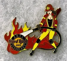 HARD ROCK CAFE CLEVELAND SEXY FIRE GIRL USING HOSE TO PUT OUT FLAMES PIN # 61816