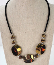 Gold Amber Glass 3D Angle Bead Charm Link Cord Necklace 20 in Lobster Clasp