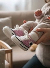 Scarpine Scarpette Uncinetto LANA Acr. 0-3 Mesi Suola Cm9 Lilla