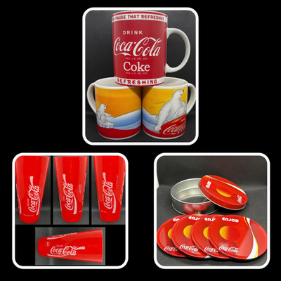 Set Coca Cola Tasse Becher Mini Mug Eisbär Mini-Tasse Kaffeebecher Untersetzer