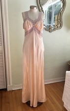 Vintage 1930s Rayon Bias Cut Satin Nightgown Dress Peach Embroidered Liquid 40 L