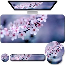 Desk Mat Set Keyboard Mouse Pad Wrist Rest Support 4in1 Cherry Blossom