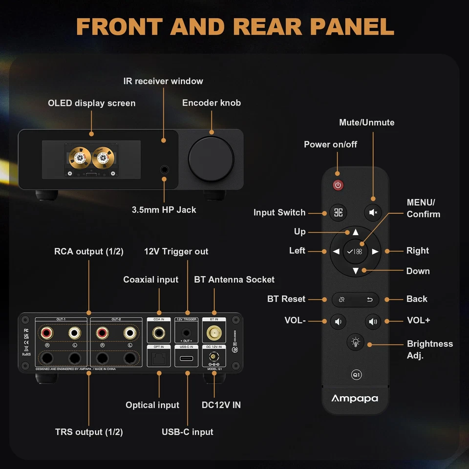 Ampapa Q1 ESS9039+AK4493 USB DAC Bluetooth HIFI Stereo Adapter 768KHz DSD512 - Image 2 of 4