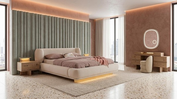 Bett 2X Nachttische Schminktisch Spiegel Pouf Stil Modern Beige Bequem-image