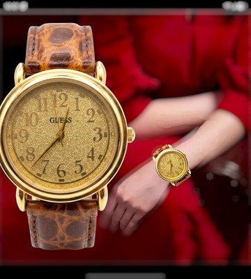 GUESS 34MM,UNISEX SANDSTONE GOLDEN ACCENT, GENUINE EMBOSSED LEATHER BAND, NEW  