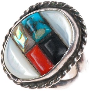 sz6 vintage Navajo sterling silver cobblestone inlay turquoise/coral/shell ring