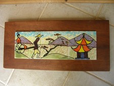Oriental Man Pulling Rickshaw With Woman To Pagoda Tile Mounted on Wood 24" x11"