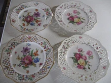 Set of 4 Schumann Germany Reticulated Dresden Flowers & Roses 8 3/8 in. Plates