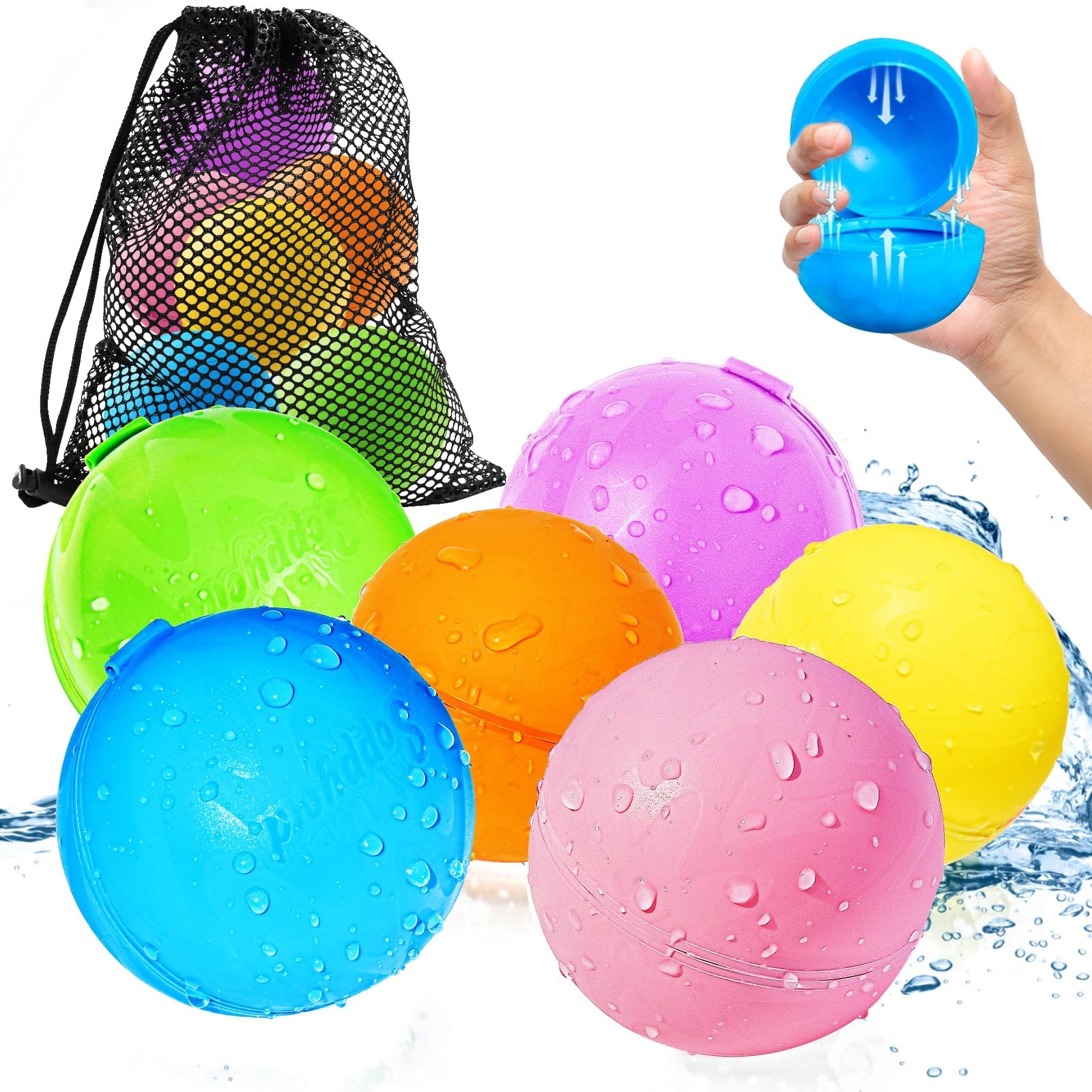 SOPPYCID Reusable Magnetic Water Balloons, 6PC Refillable Water Bomb Splash B...