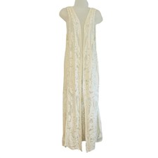 Lace Sheer Crochet Duster Sz S Kimono Cardigan Cream Ivory Floral Boho
