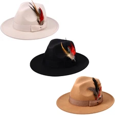 Men Women Feather Felt Derby Fedora Retro Wide Brim Panama Trilby Temple Hat