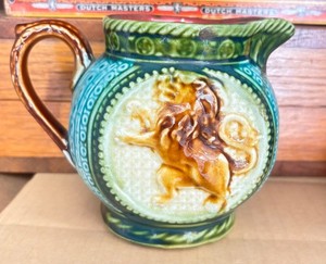 ANTIQUE 1800s French Frie Onnaing Majolica Lion Pitcher | Small Faience Victoria