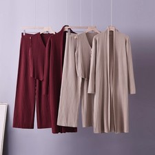 Donna 3-Piece a Coste Maglia Set Scollo V Cardigan Lungo E Gamba Larga Pantaloni