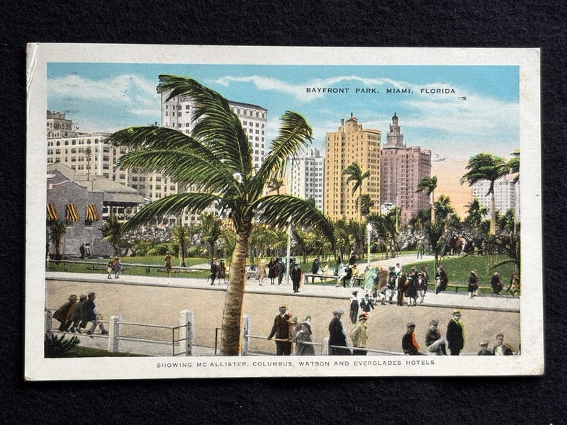 SHOWING McALLISTER, COLUMBUS, WATSON & EVERGLADES HOTELS MIAMI FL 1931 Postcard